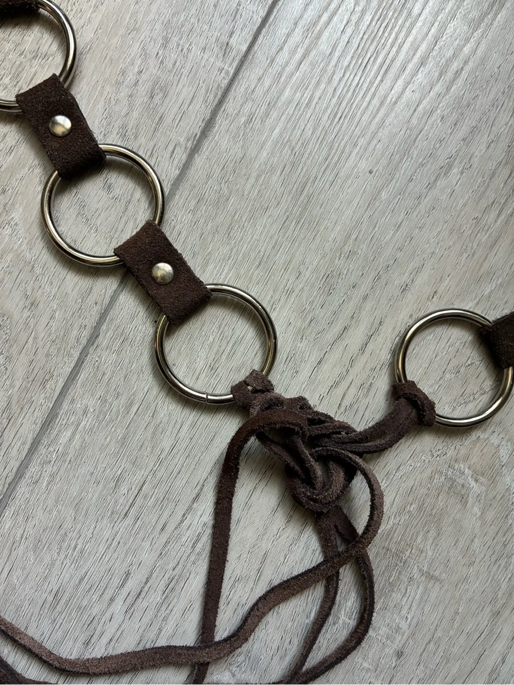 Brown O Ring Link Waist Belt w Leather Suede Ties Boho Coastal Cowgirl Festival